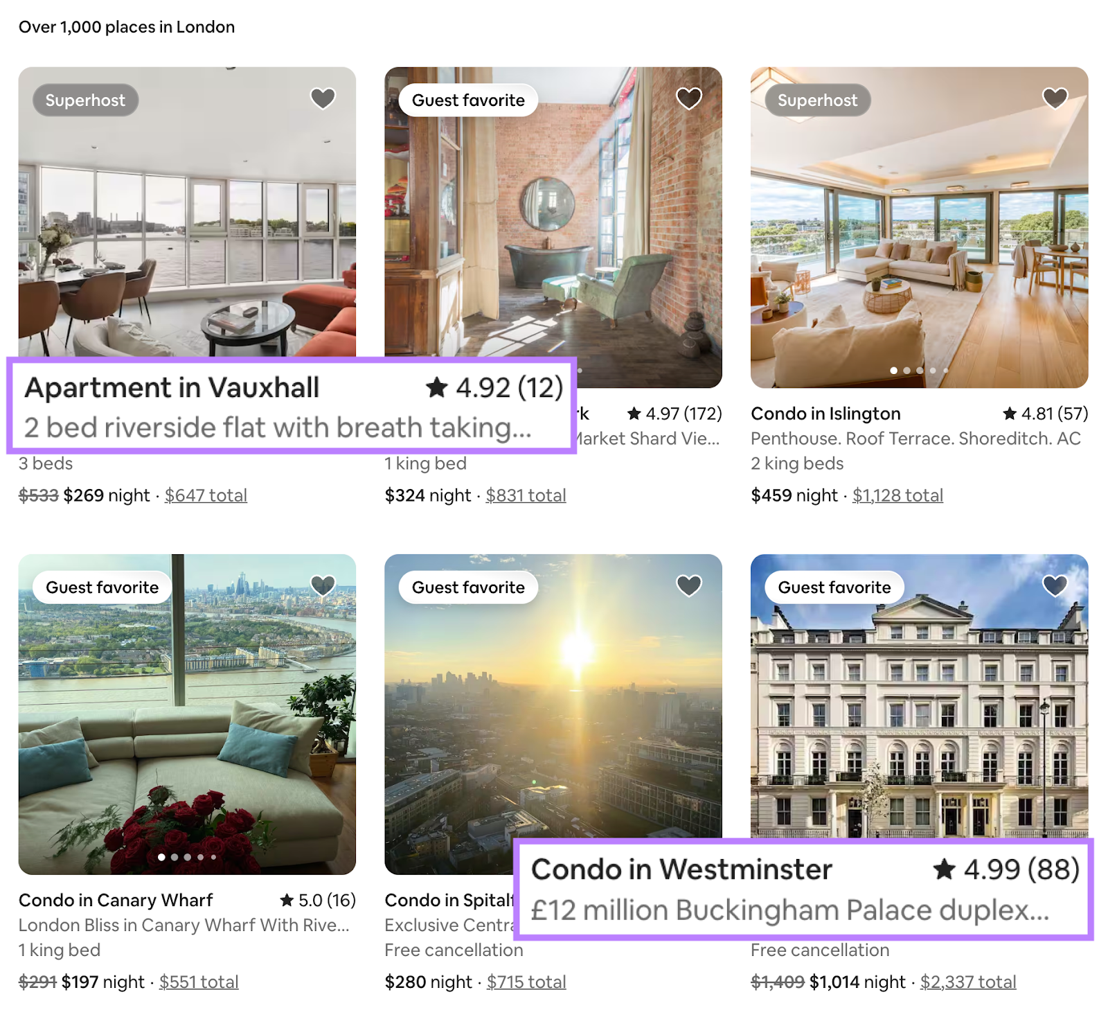 Airbnb search results shows brief titles and descriptions such as riverside flat with breath taking views or 12 million pound Buckingham Palace duplex.