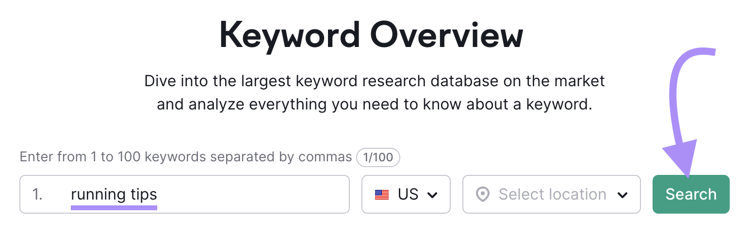 "running tips" entered into the Keyword Overview search bar
