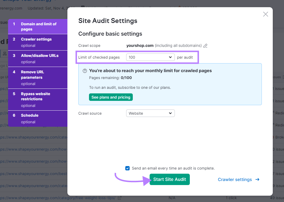 Site Audit Settings popup wrong   Semrush