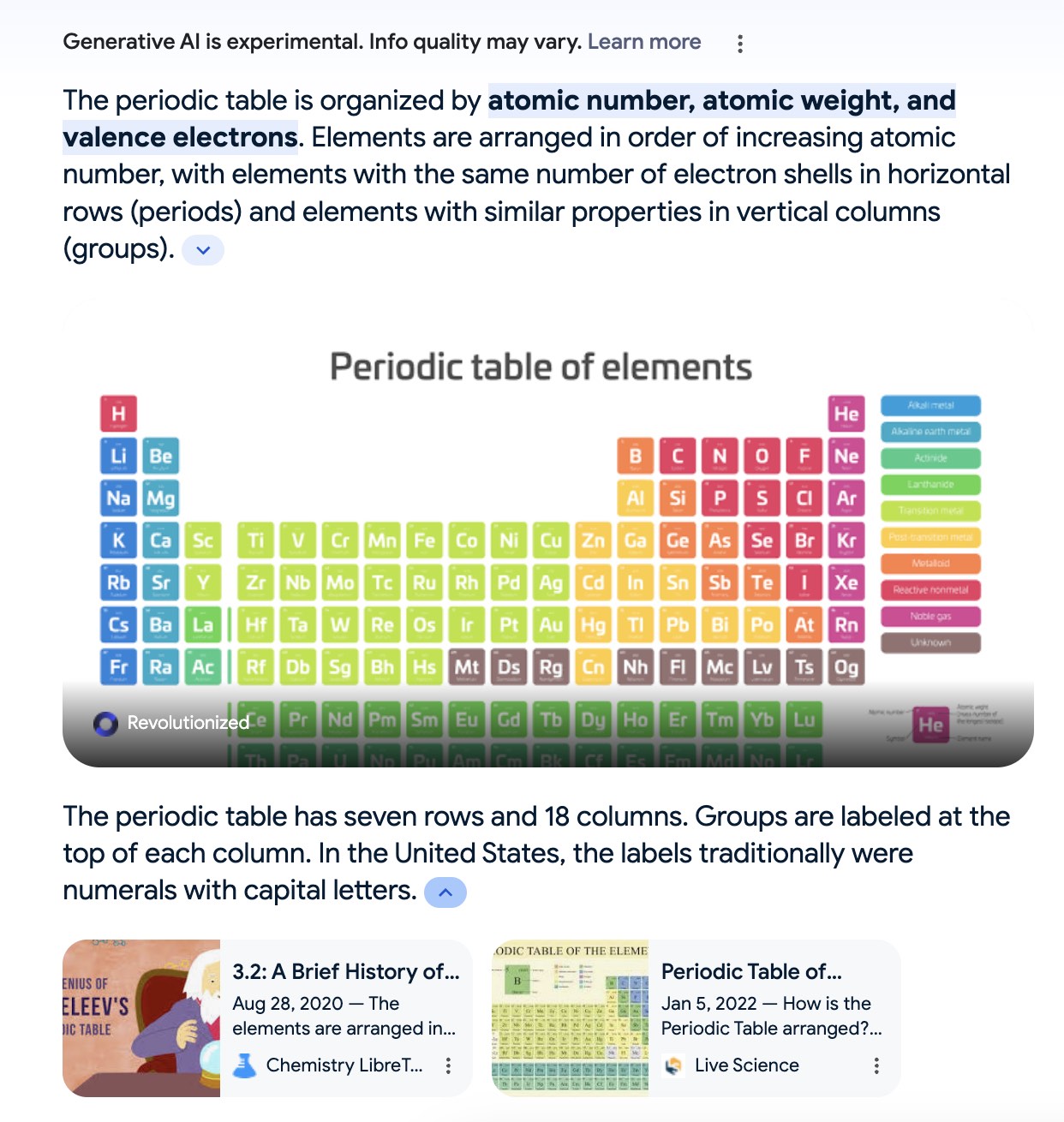 Google SGE overview for “How is the periodic table organized?”