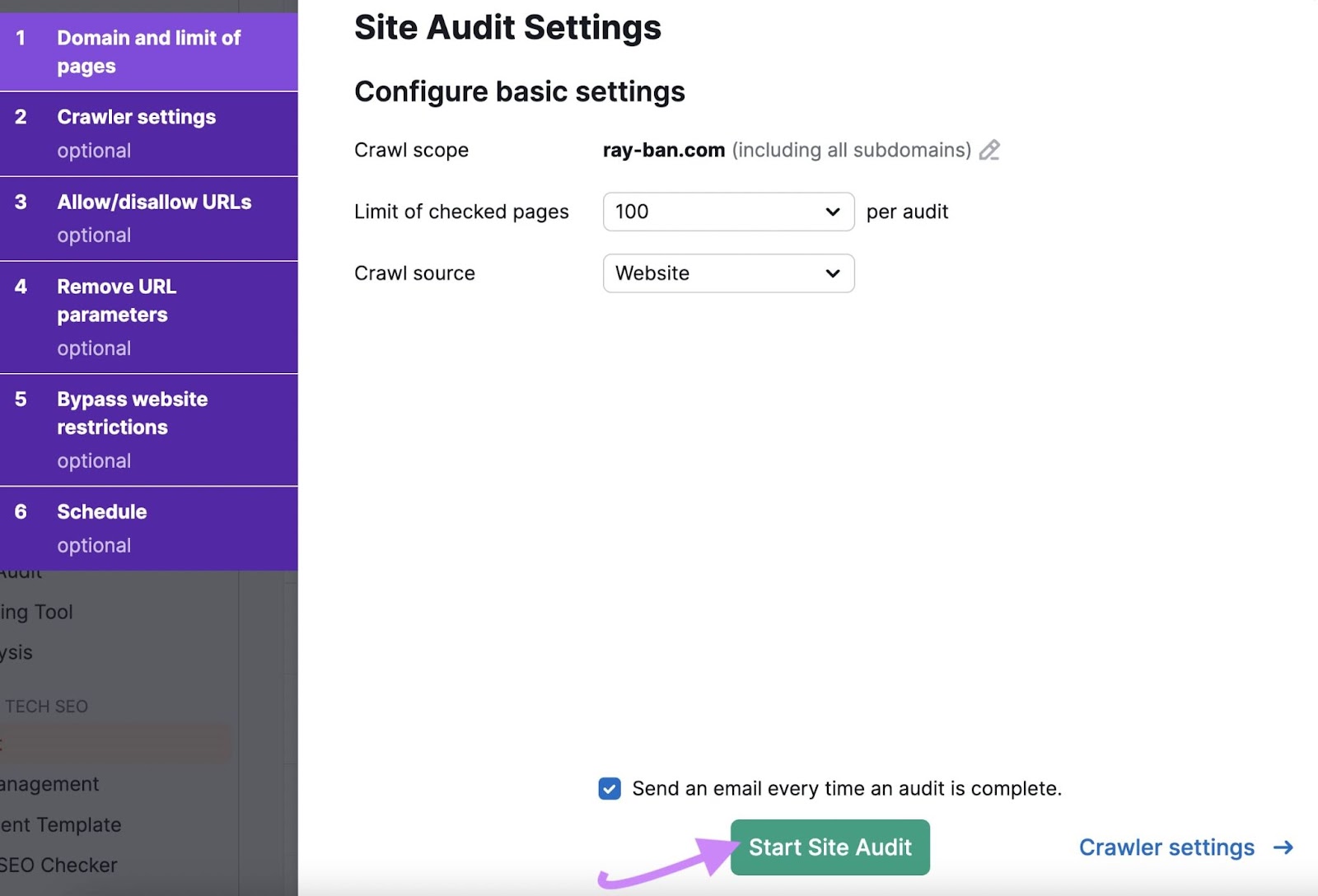 Site Audit tool configuration settings