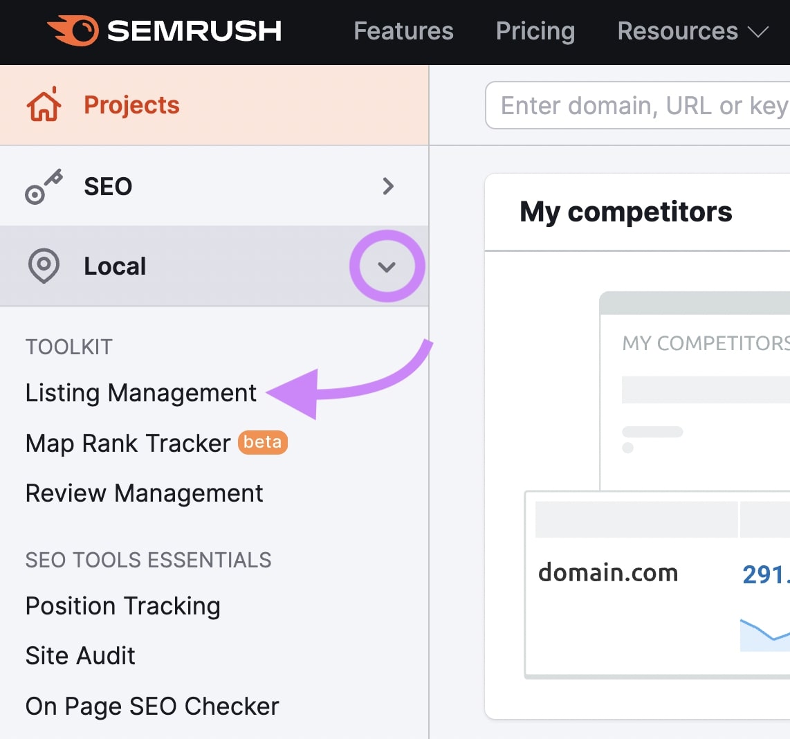 “Listing Management" selected under "Local SEO" from Semrush menu