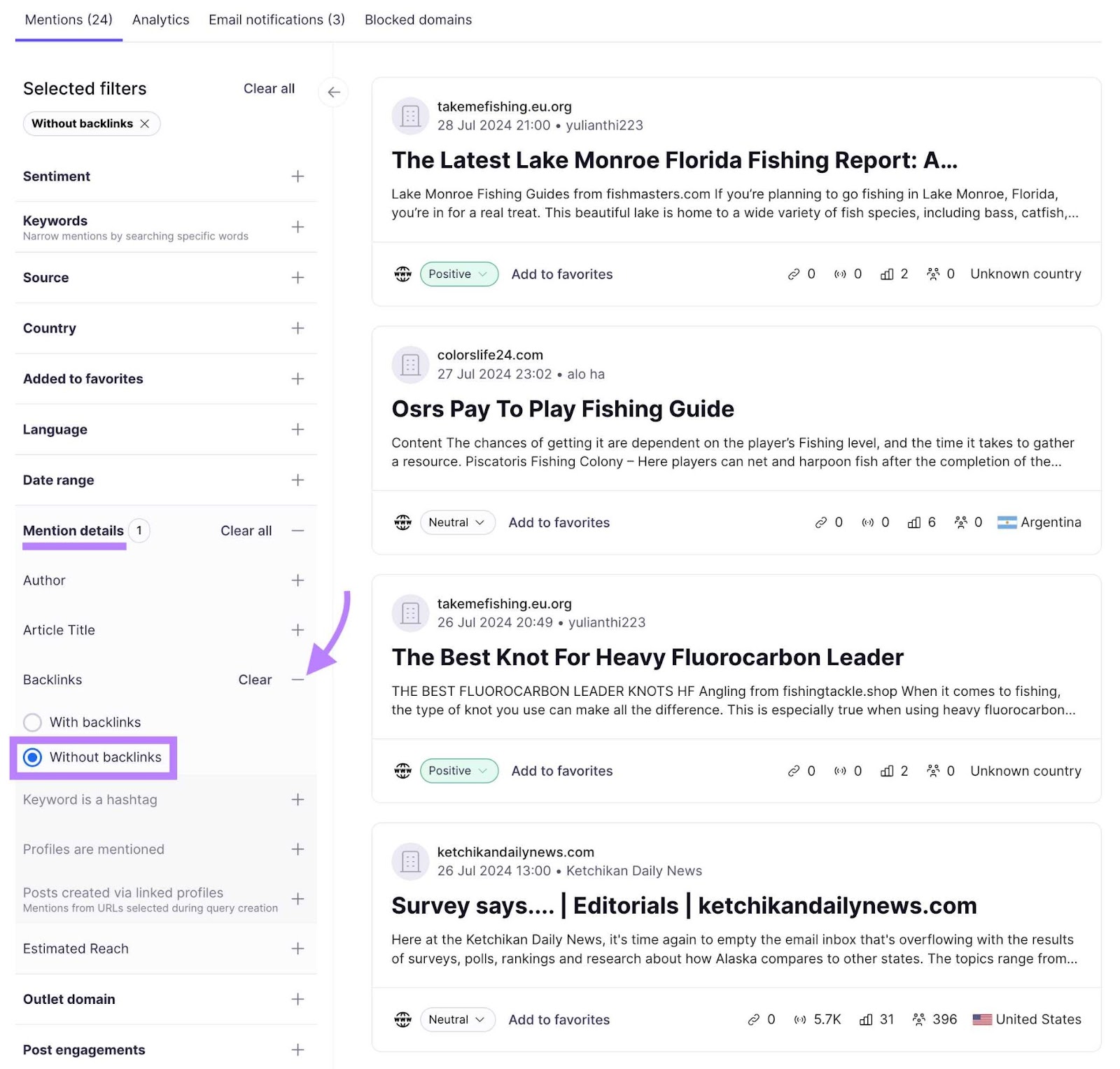 "Mention details" menu and "Without backlinks" filter highlighted under "Backlinks" sub-menu on the left menu on the Brand Monitoring tool.