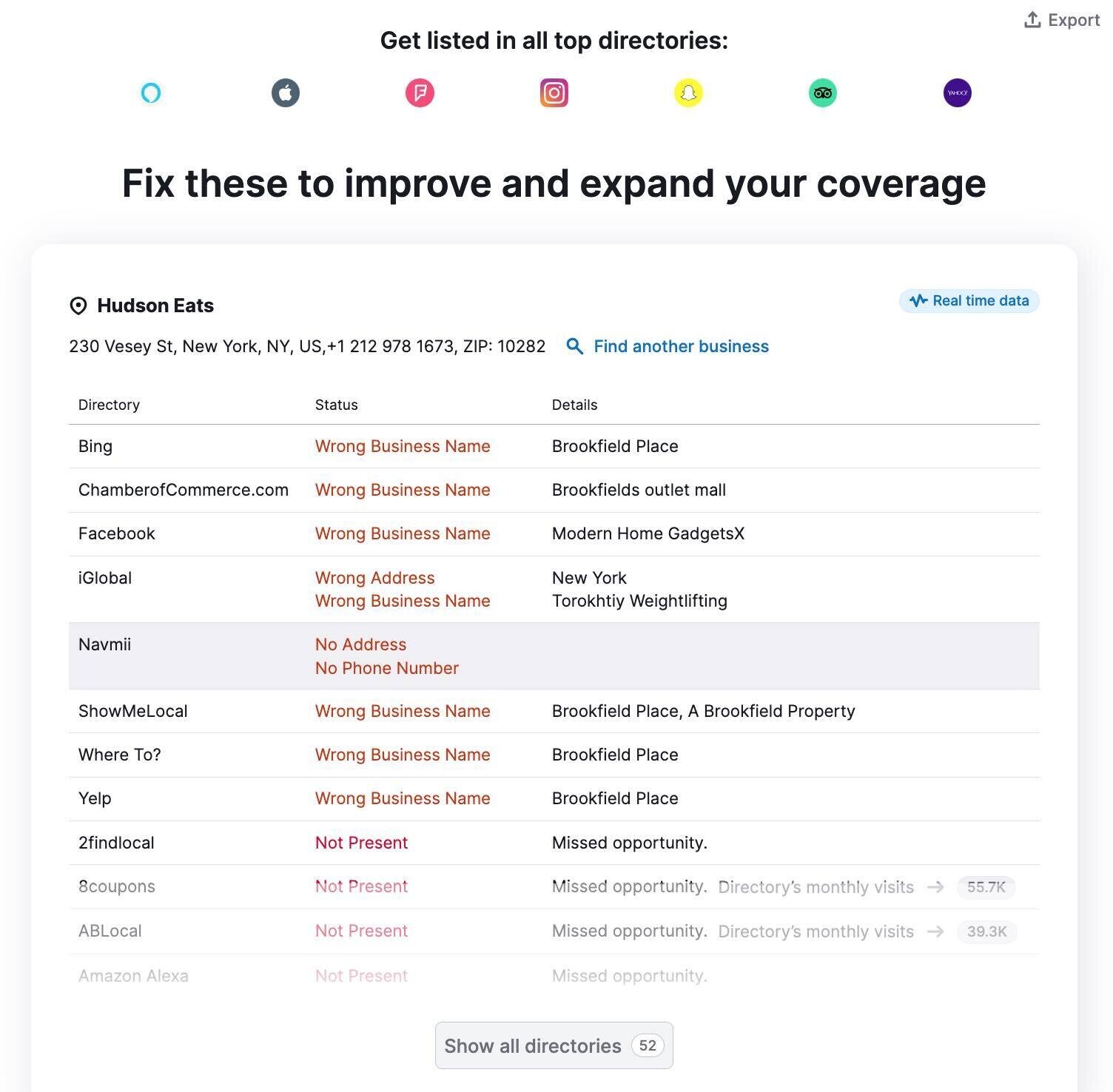 “Fix These To Improve And Expand Your Coverage” section in Listing Management