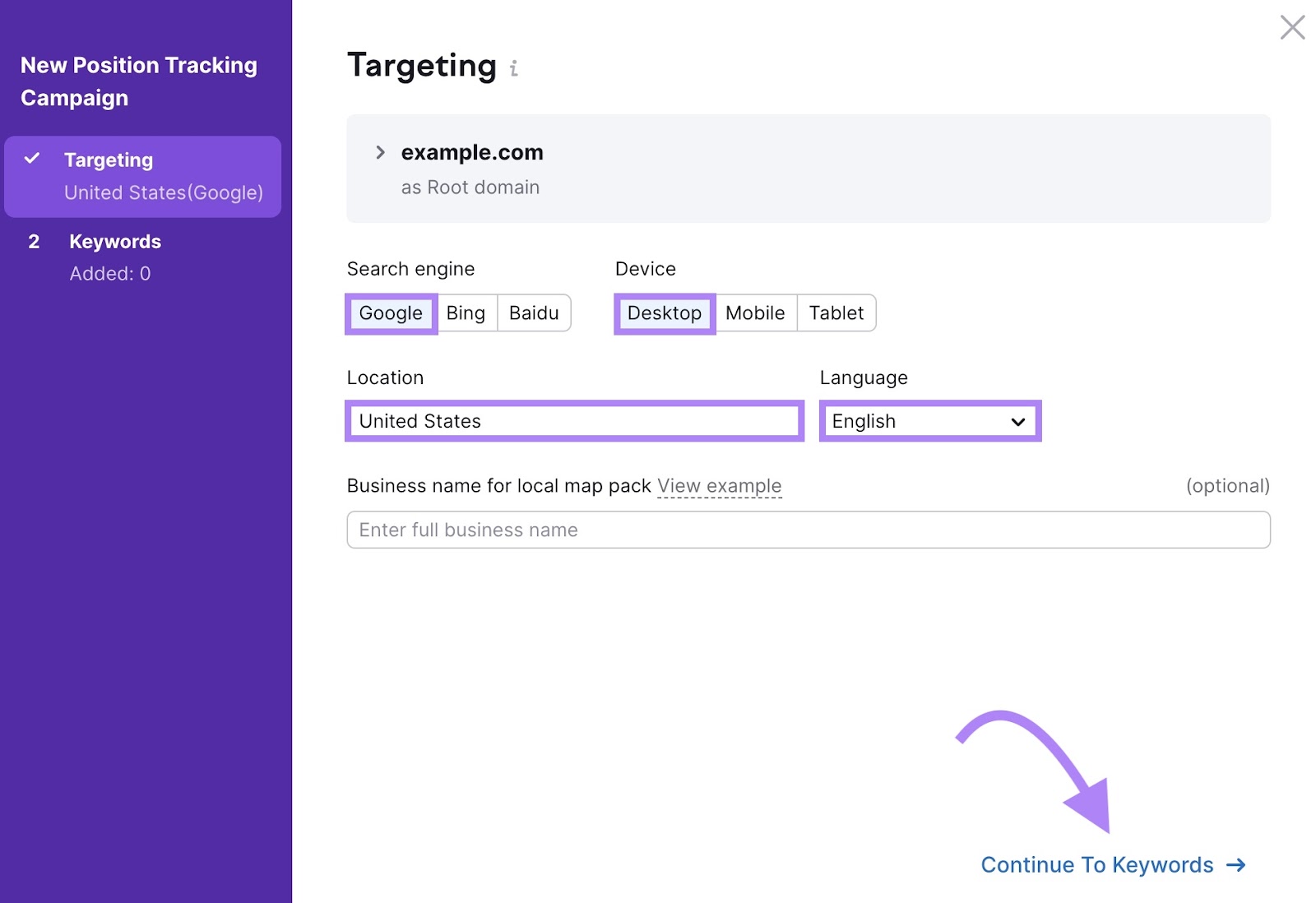 Targeting settings on the Position Tracking tool with options to select the search engine, device, location, and language.