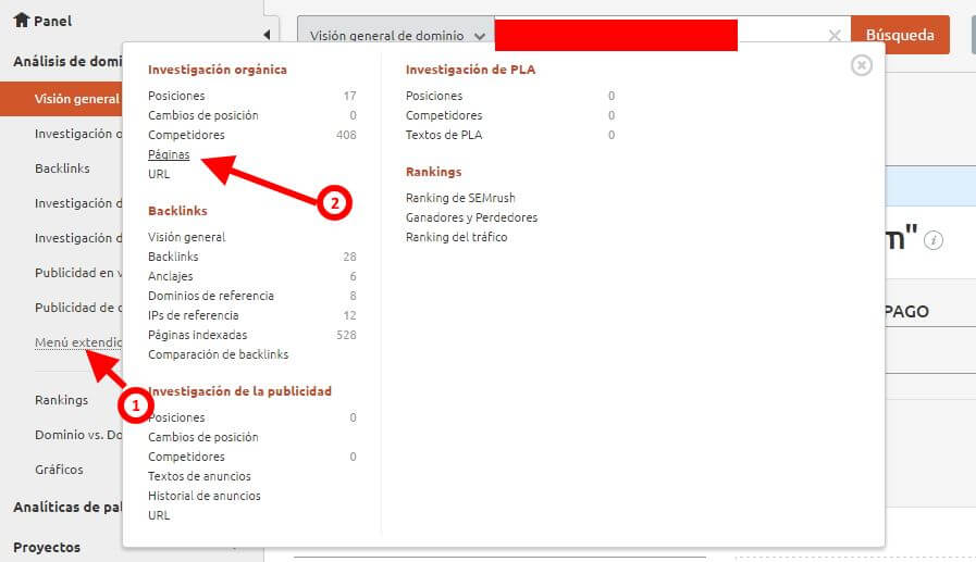 Menú de páginas con SEMrush