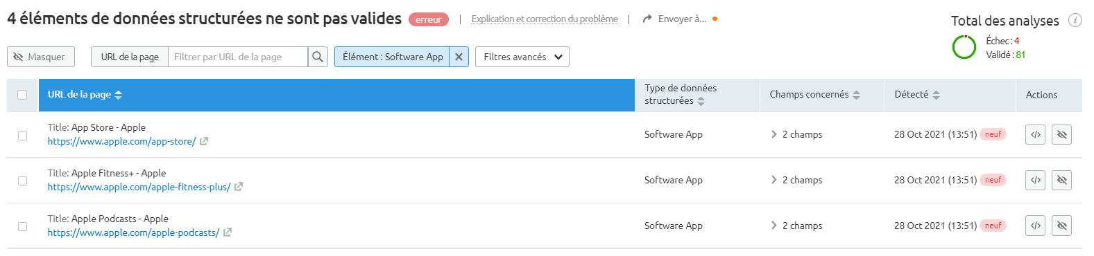 Semrush Audit de site éléments de données structurées non valides
