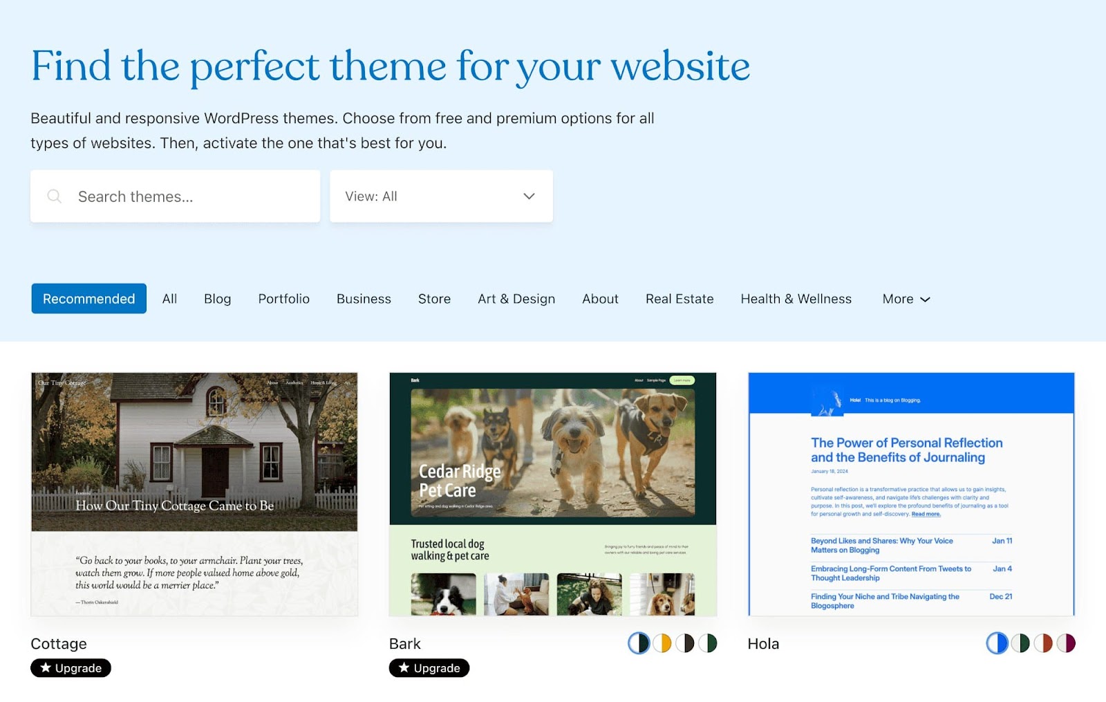 Wordpress theme library with three theme previews