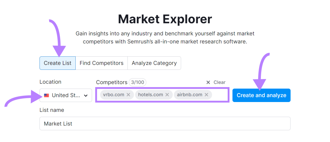 "vrbo.com," "hotels.com," and "airbnb.com" entered under "Create List" option in Market Explorer tool