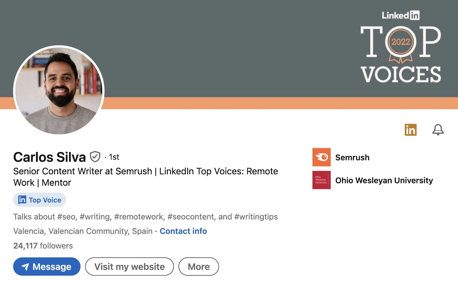 Semrush Senior Content Writer Carlos Silva’s LinkedIn profile