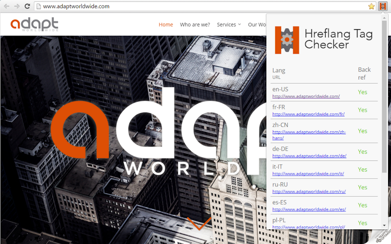 hreflang tag checker chrome extension shows a page's hreflang tags in a pop up