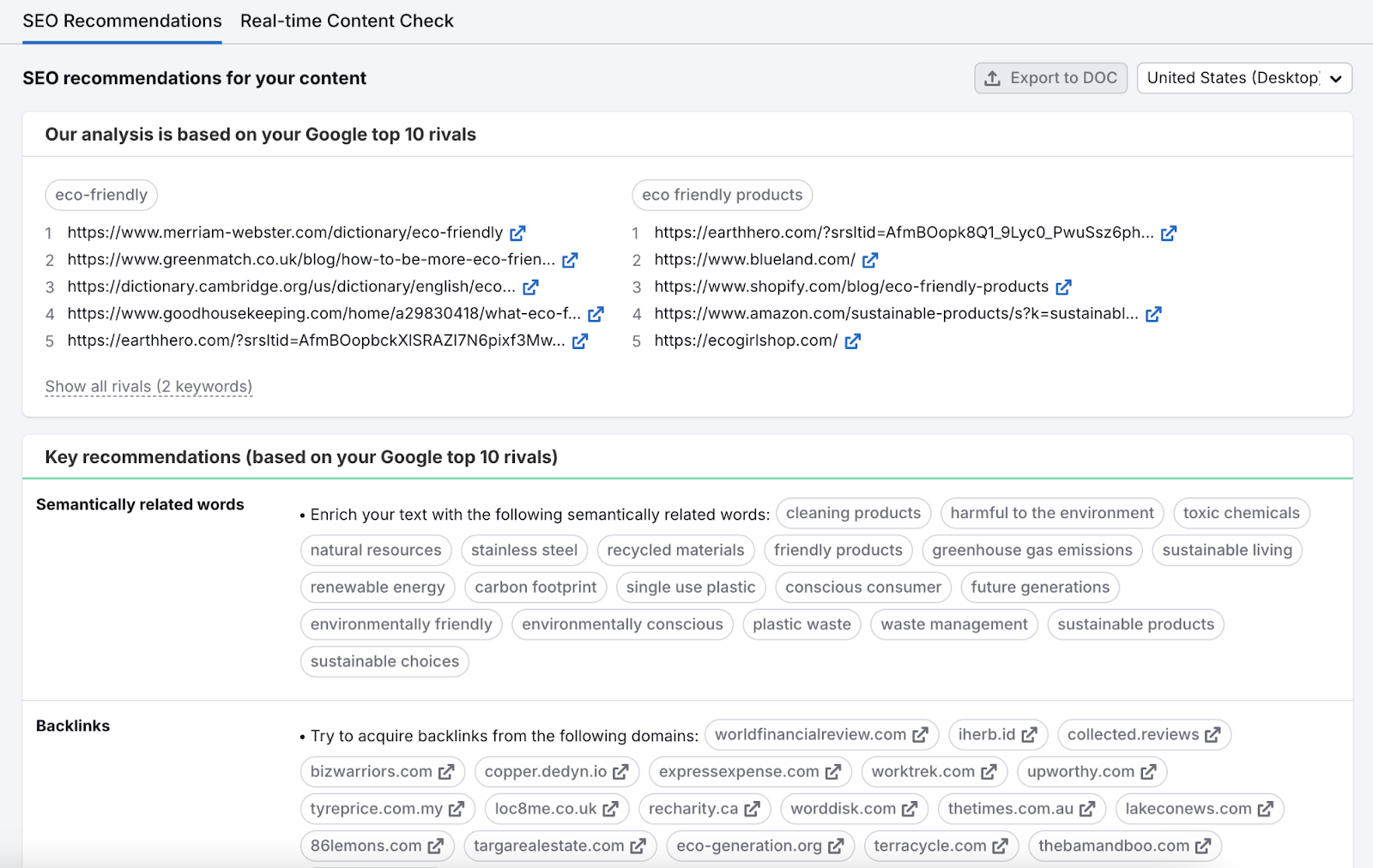 seo recommendations show urls analyzed per keyword, semantically related words, backlink opportunities, and more