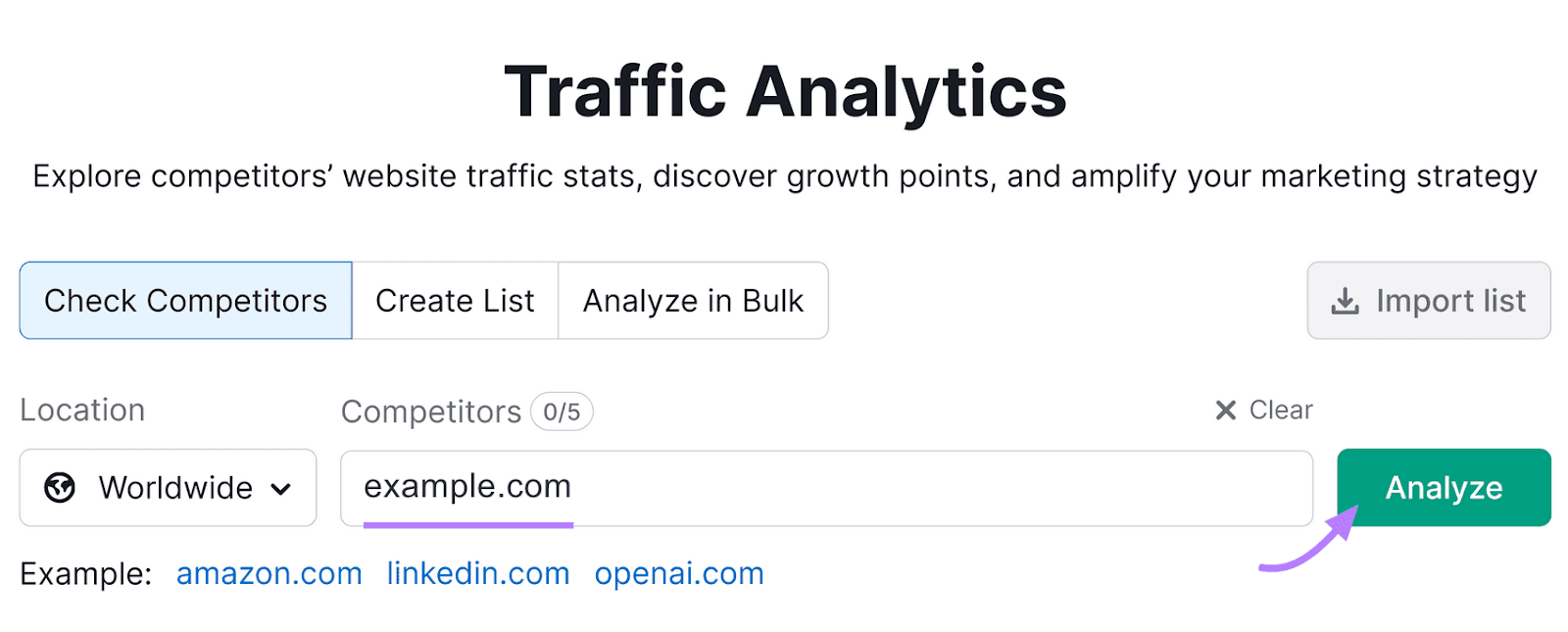 Traffic Analytics UI page with a highlighted text box showing "example.com" and a green "Analyze" button on the right.