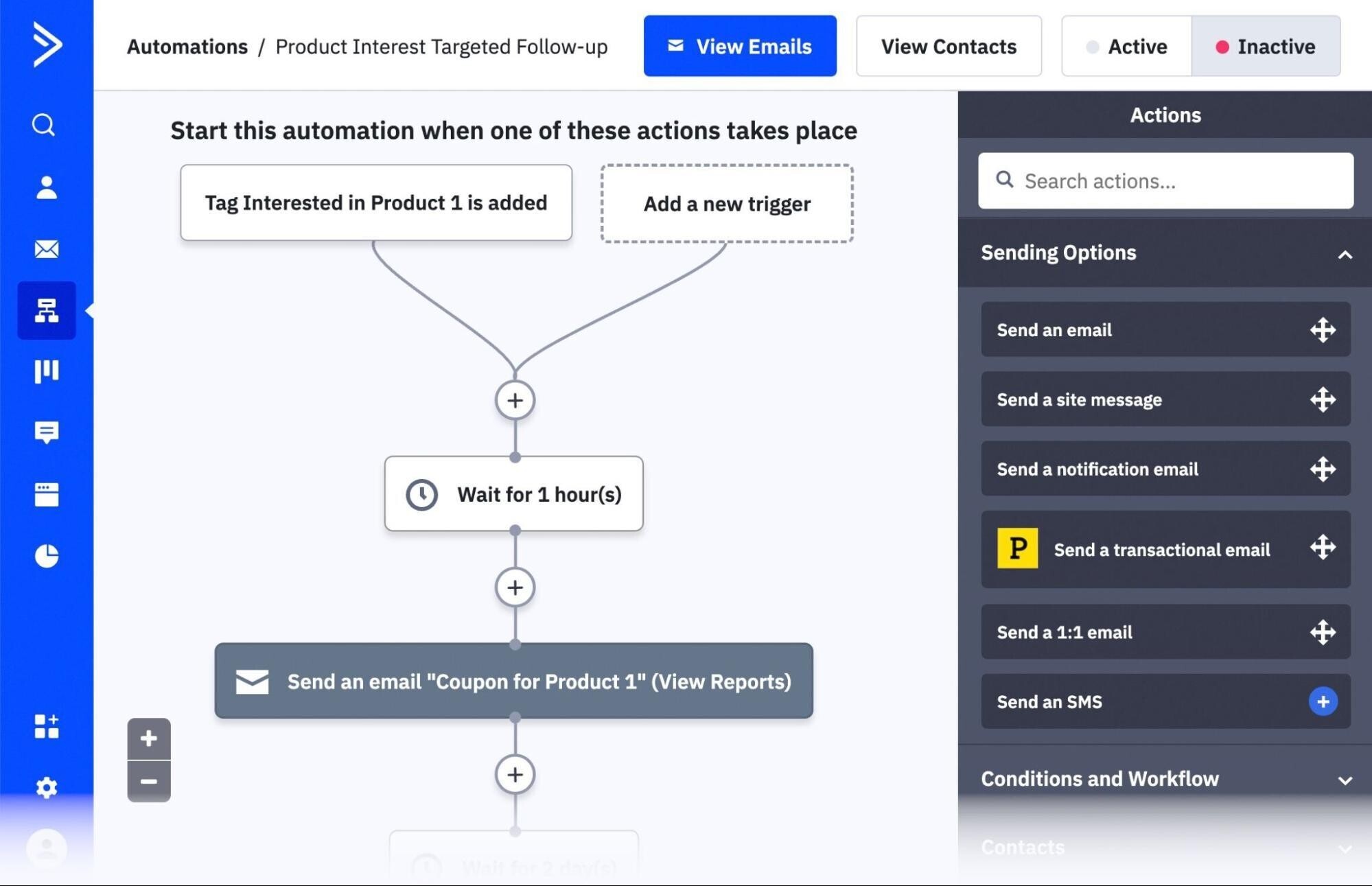 ActiveCampaigns CRM helps marketers develop custom workflows for potential and existing customers to improve conversion rate