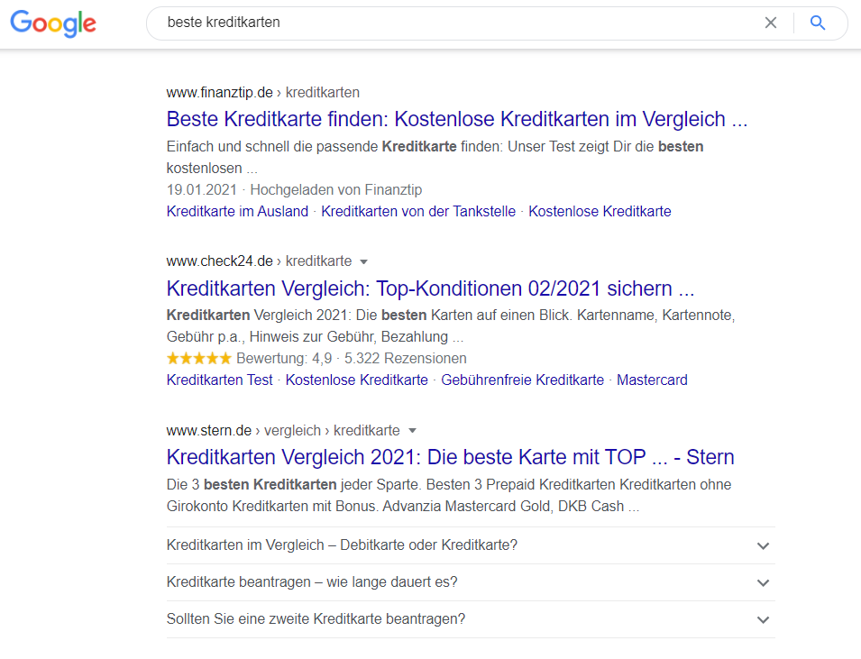 Google-Suche beste Kreditkarten