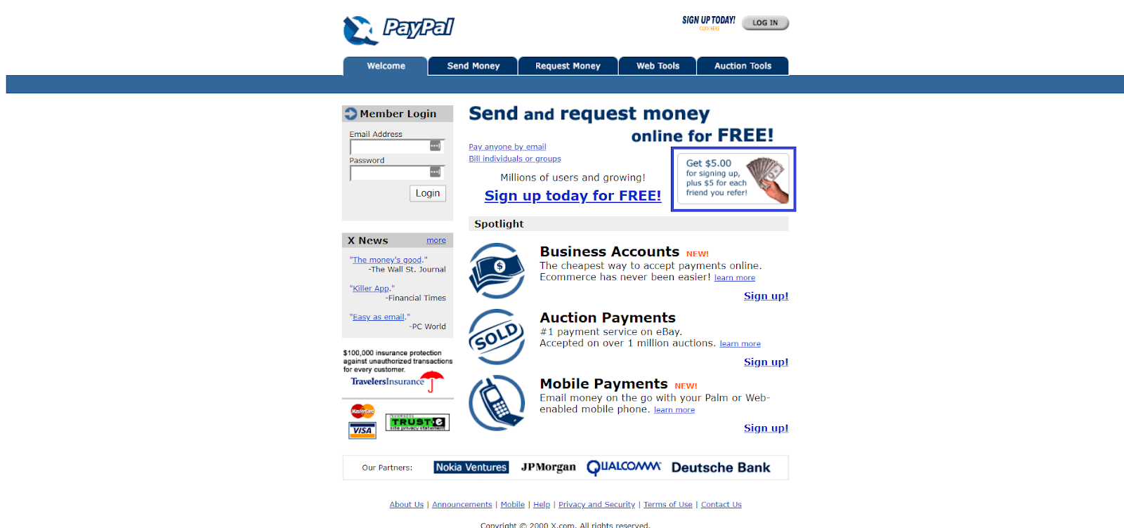 PayPal homepage in 2000