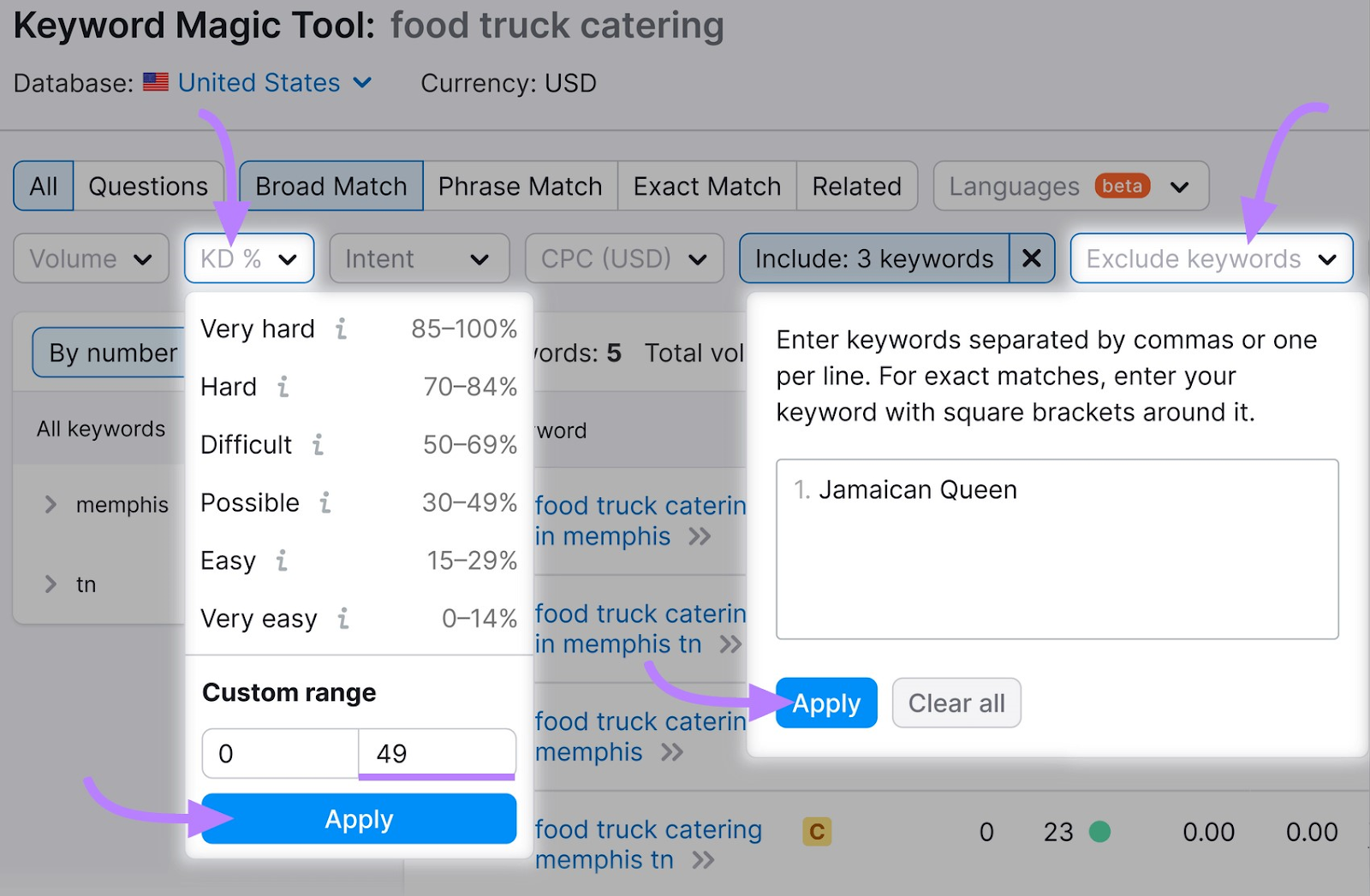 filtering results in Keyword Magic Tool