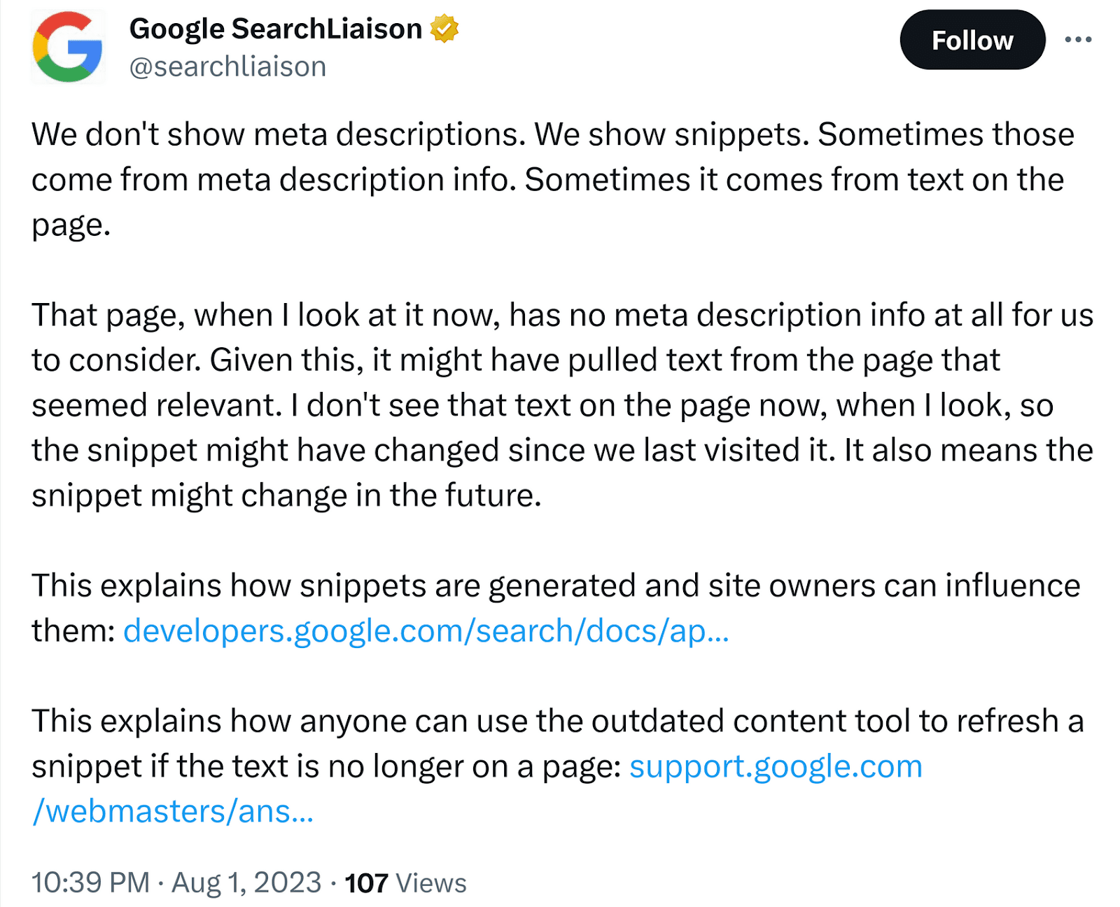 Google SearchLiason's post on X explaining how Google uses meta descriptions