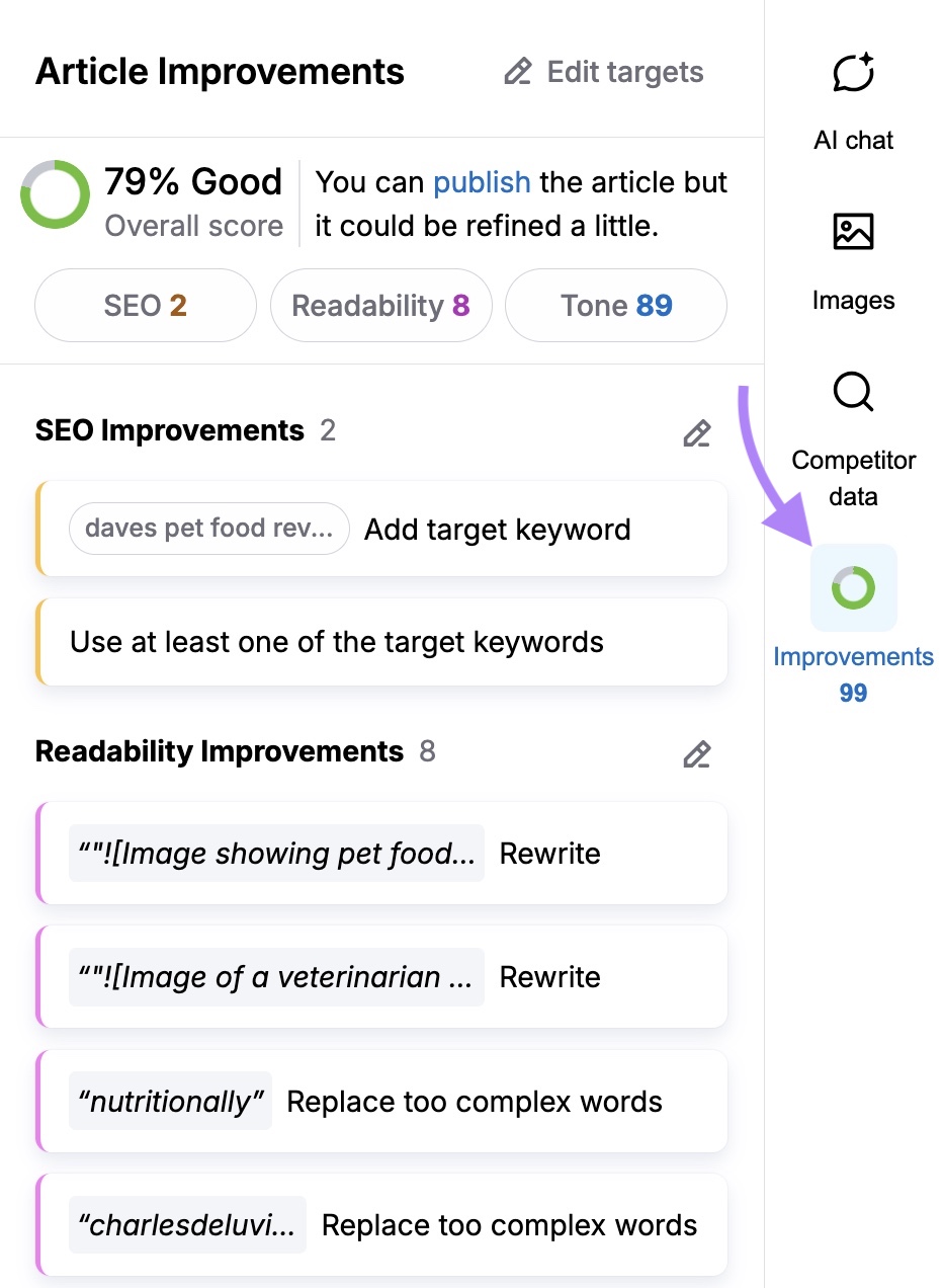 "Article Improvements" on ContentShake AI with a list of SEO, readability, and tone suggestions to improve the article.