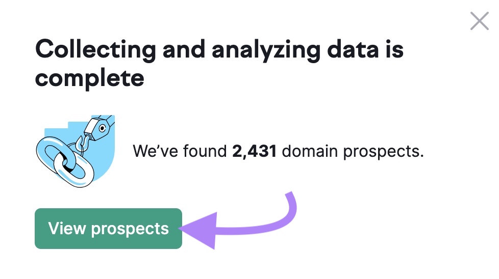 2,431 domain prospects found and the "View prospects" button clicked on the Link Building Tool.