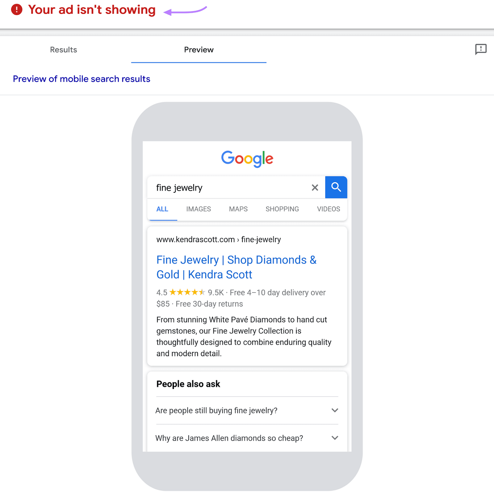 "Vista previa del anuncio..." muestra una pantalla de móvil con una SERP para "joyería fina," y "Tu anuncio no aparece" destacado.