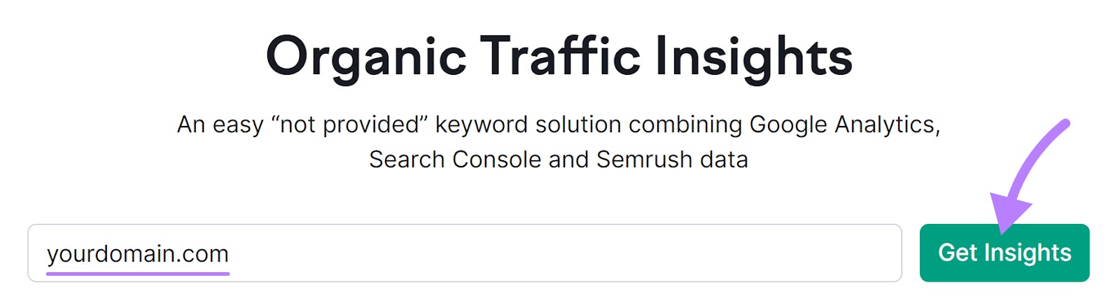 Organic Traffic Insights tool with "yourdomain.com" in the search bar and the "Get Insights" button highlighted.