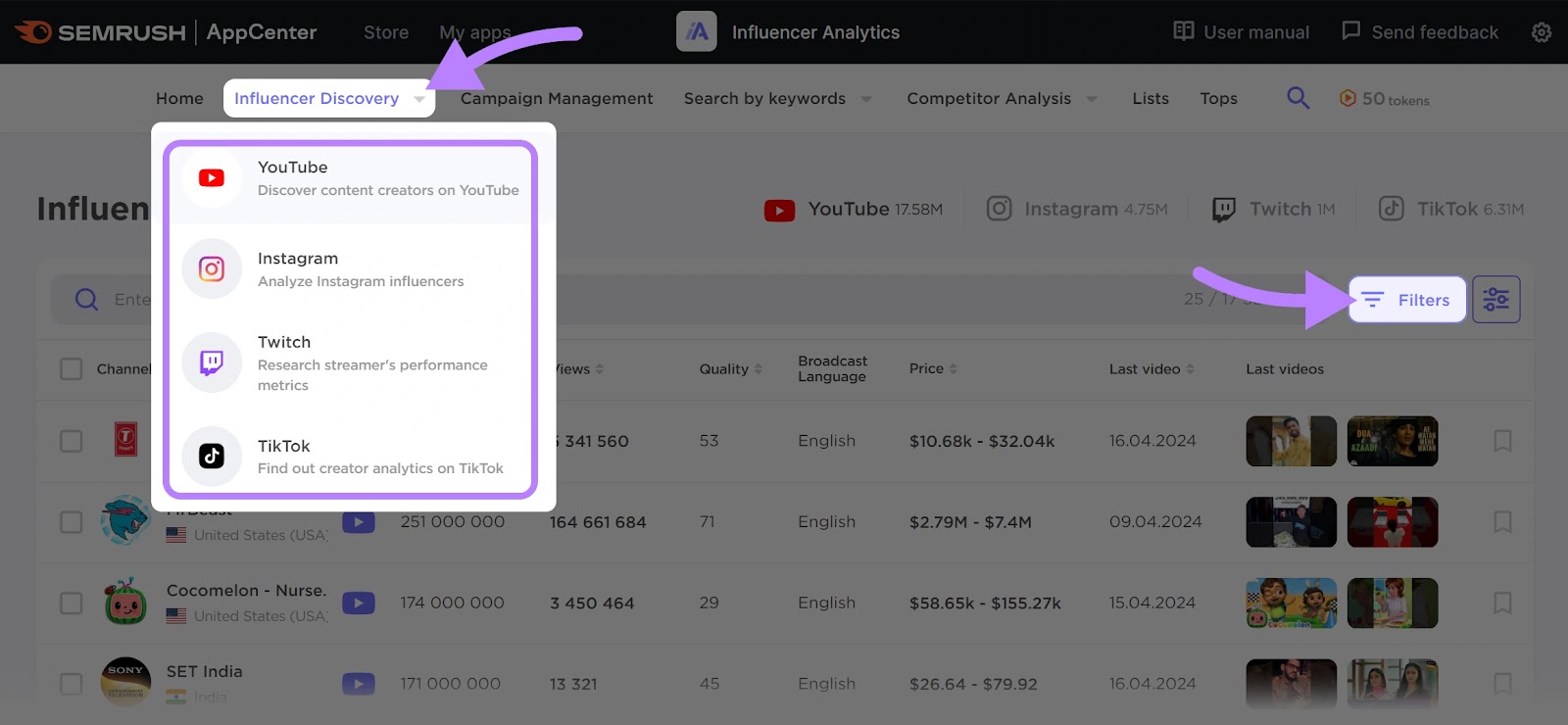 “Influencer Discovery” tab and "Filters" highlighted in the dashboard