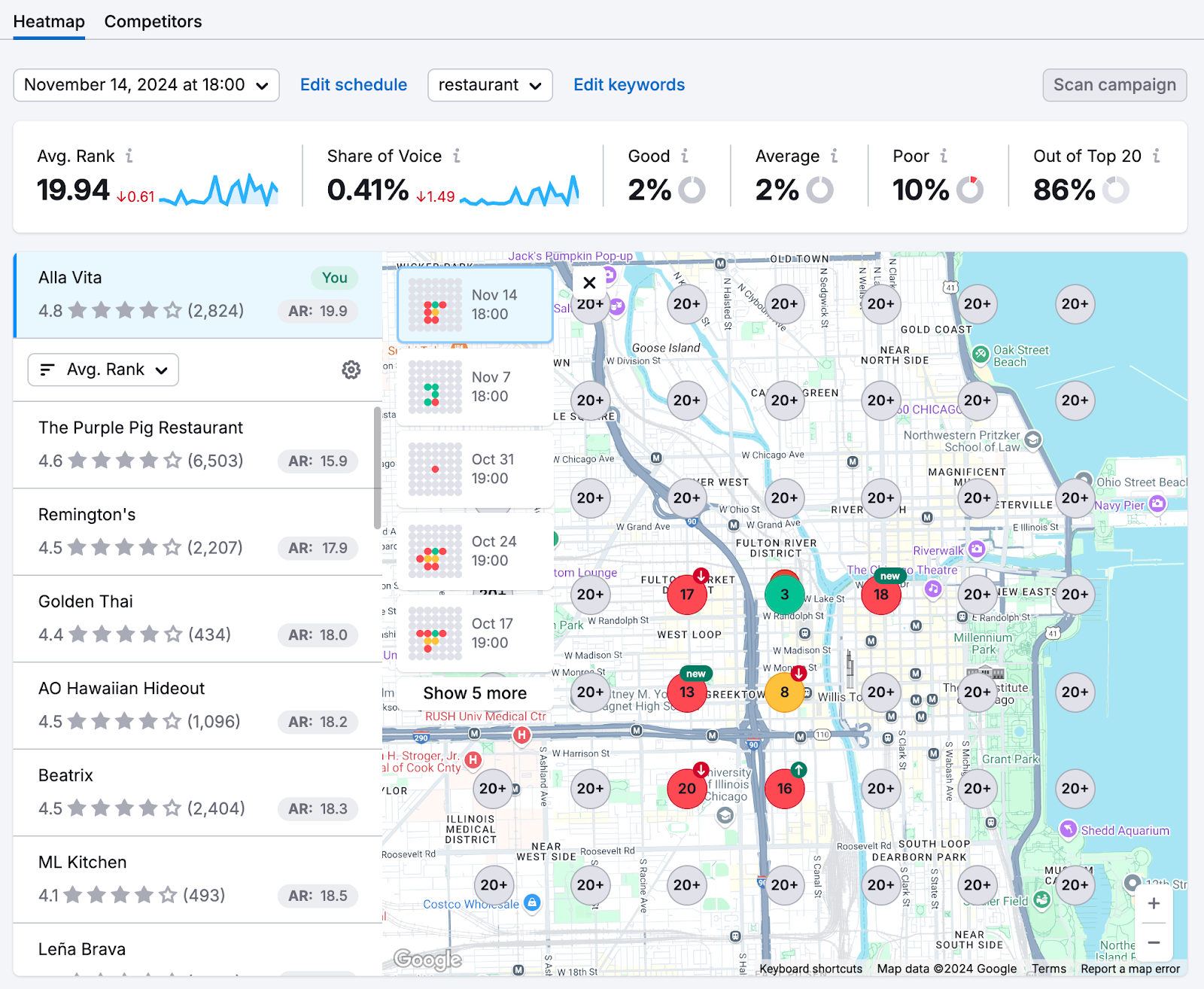 map rank tracker shows a google map with how a business ranks in various parts of a city