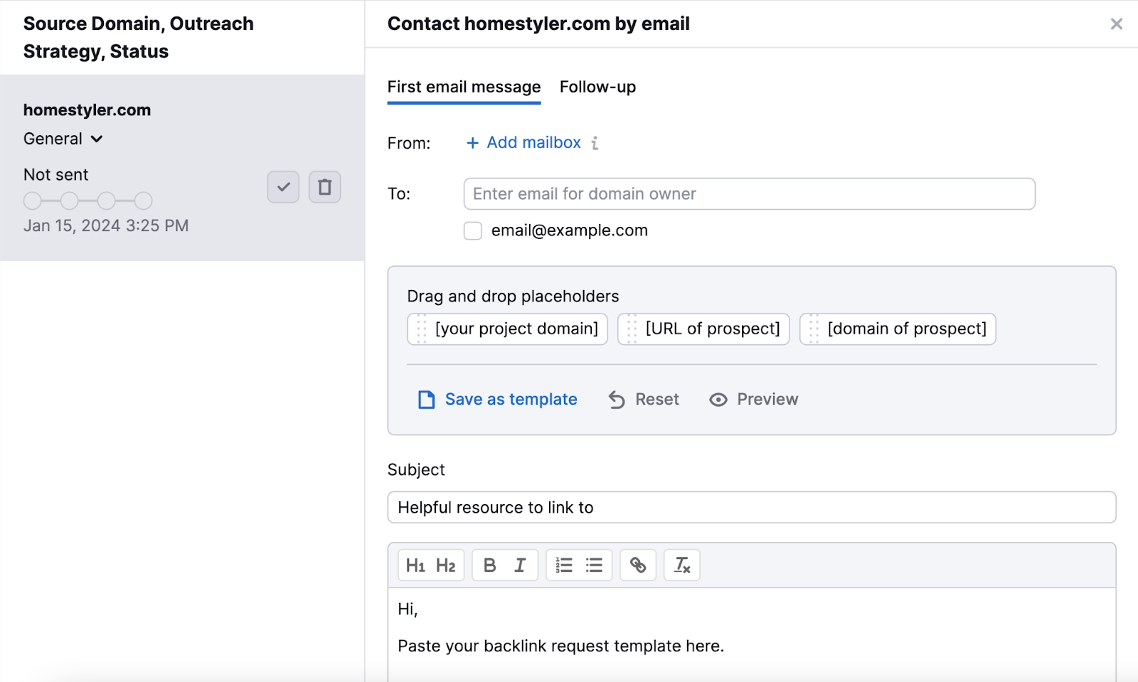 Start email outreach directly from the Link Building Tool