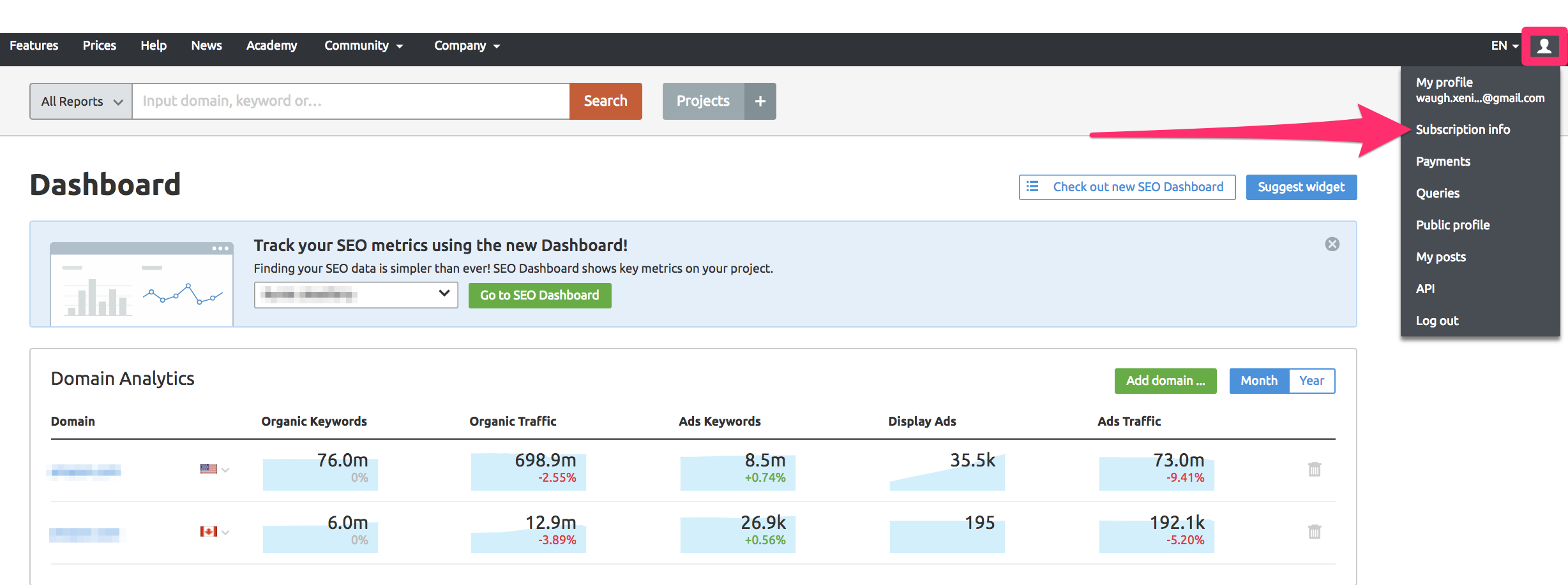 SEMrush — where to find your subscription info
