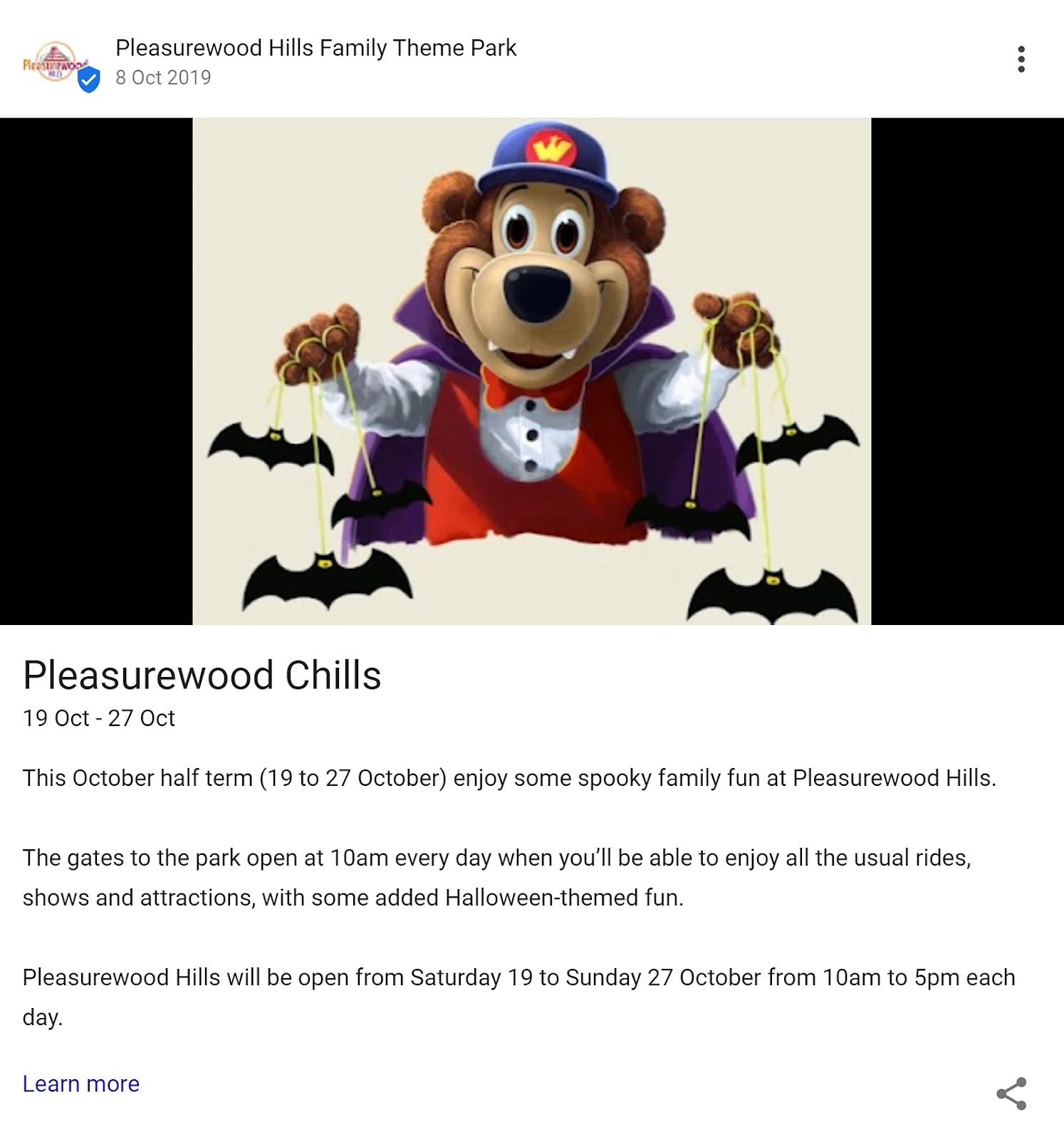 Pleasurewood Hills Family Theme Park's Google Business Profile event post