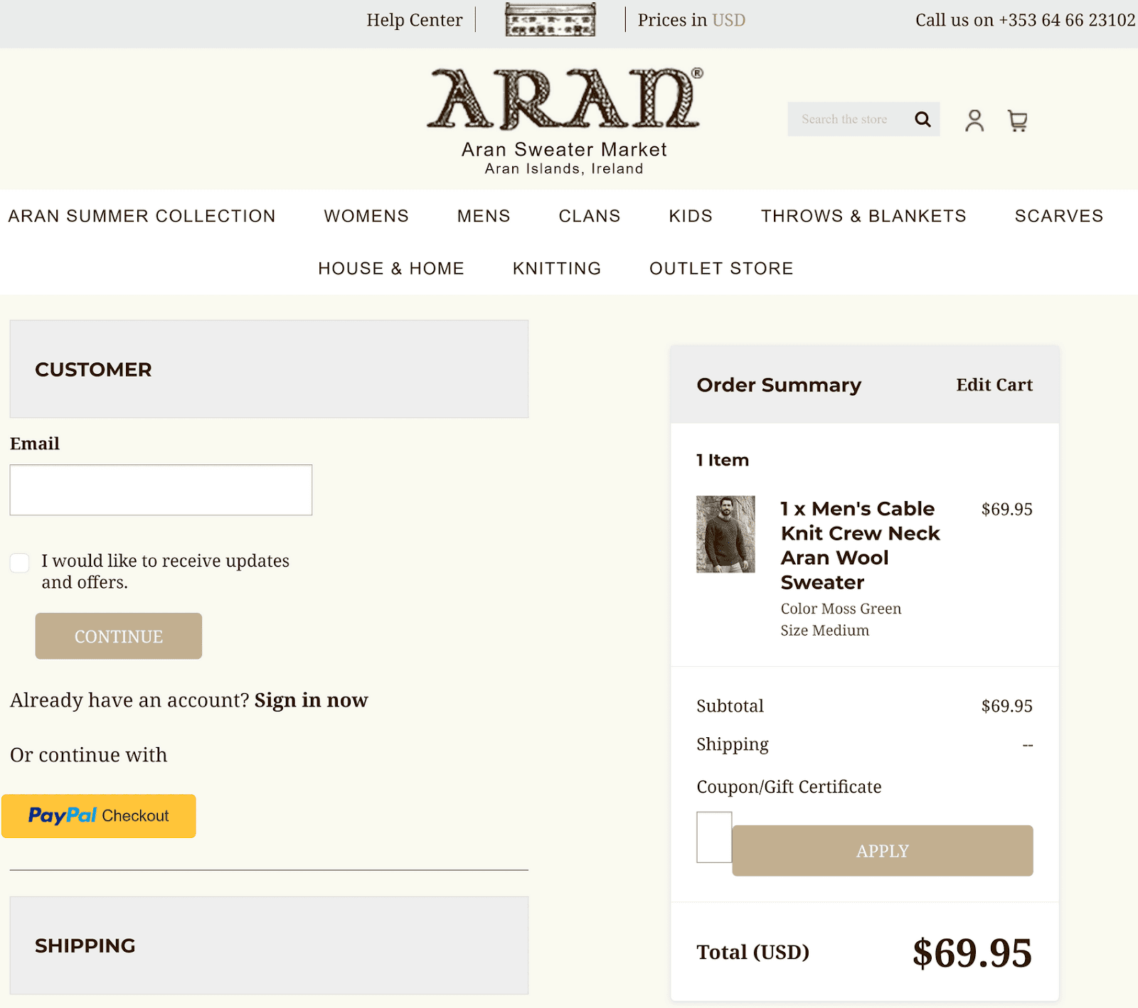 Aran Sweater Market checkout process with customer details form and order summary for a men's sweater.