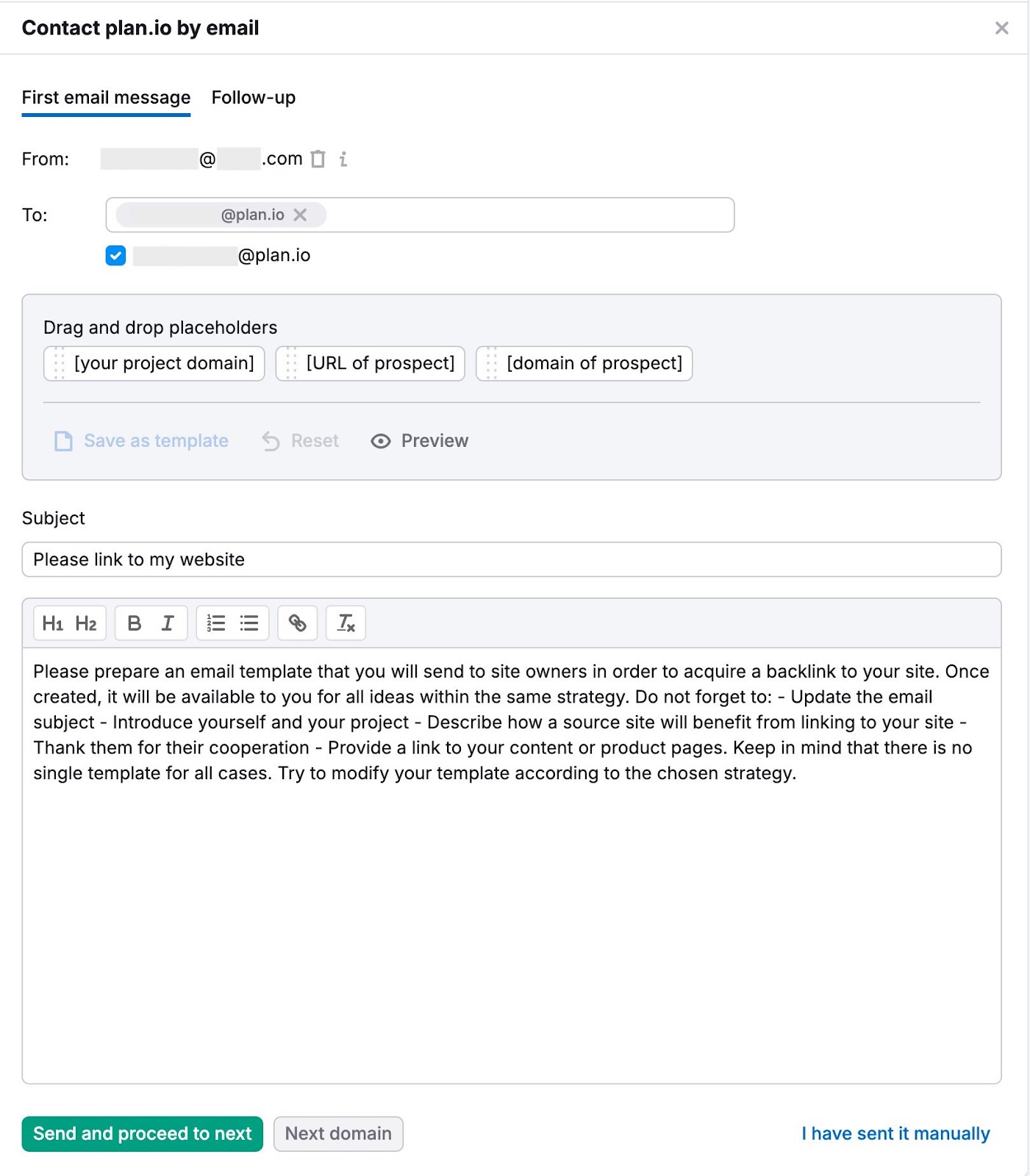 Link gathering  email template with options to customize the subject, email body, and recipients connected  Semrush.