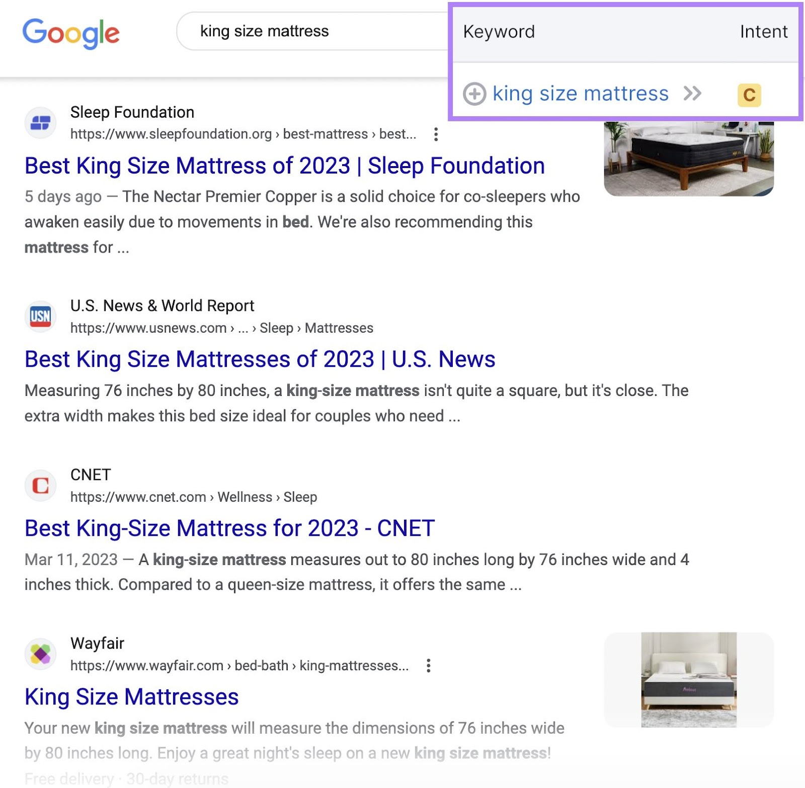 Google results for “king size mattress” search