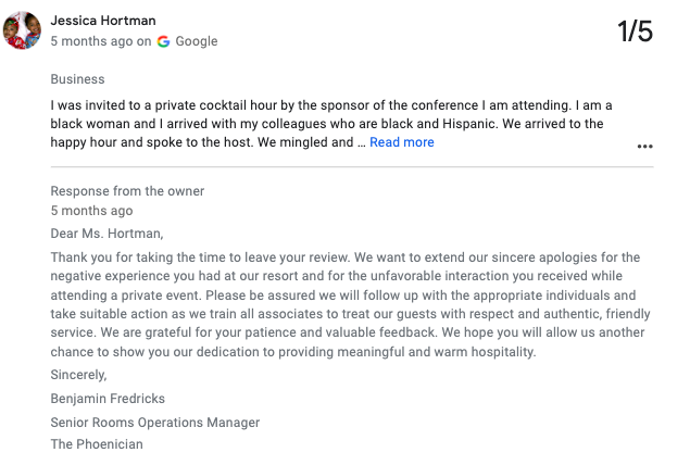 A polite but negative review of service received at a venue, along with an apology from the venue manager.