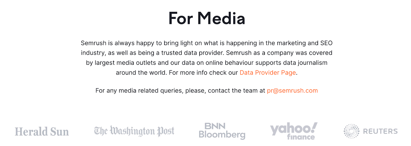 "For Media" section of Semrush’s “About us” page
