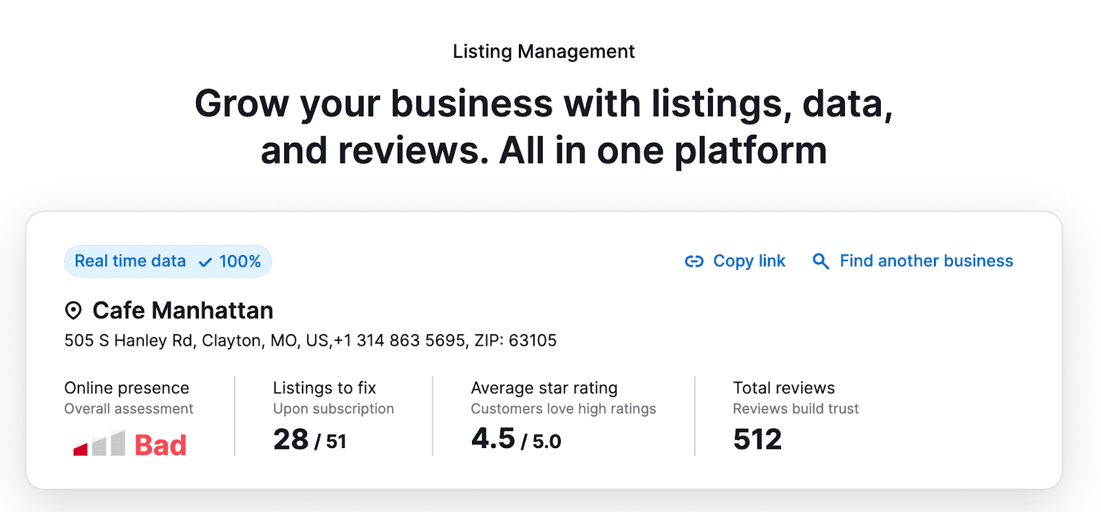 Listing Management tool results for "Cafe Manhattan"