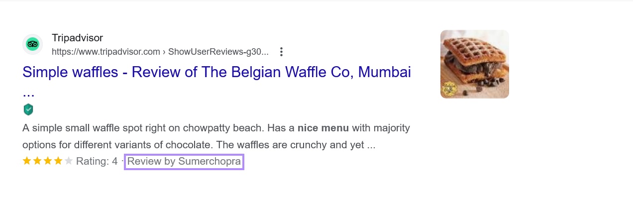 SERP result for a waffle cafe on Tripadvisor.com with a simple review of an individual user rating
