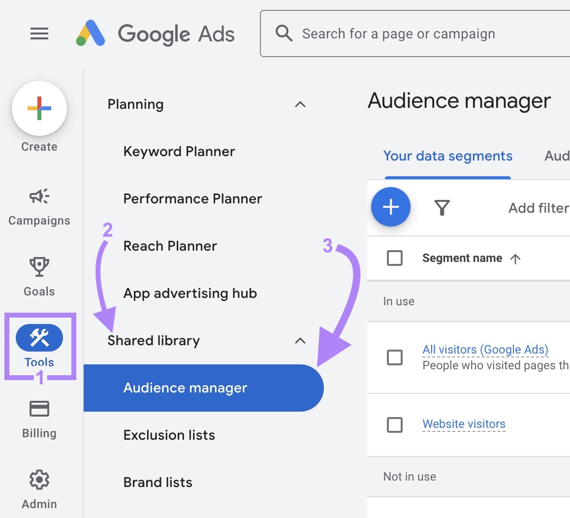 Navigating to 'Audience manager' on Google Ads by clicking on 'Tools' and finding it below the 'Shared library' dropdown.