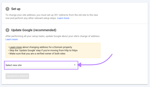 “Select new site” drop down selected from "Update Google (recommended)" section