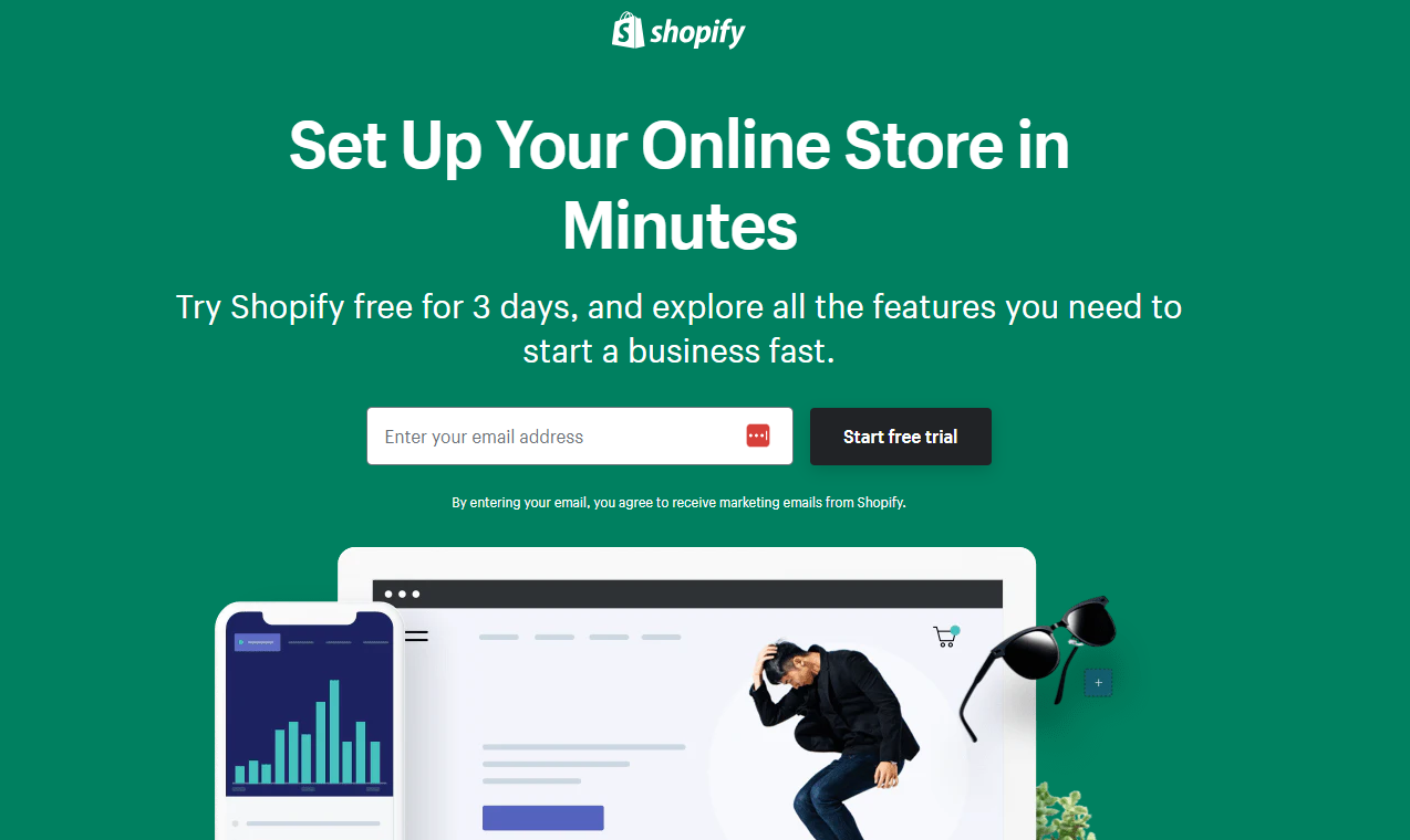 Shopify's landing page with "Set Up Your Online Store in Minutes" headline
