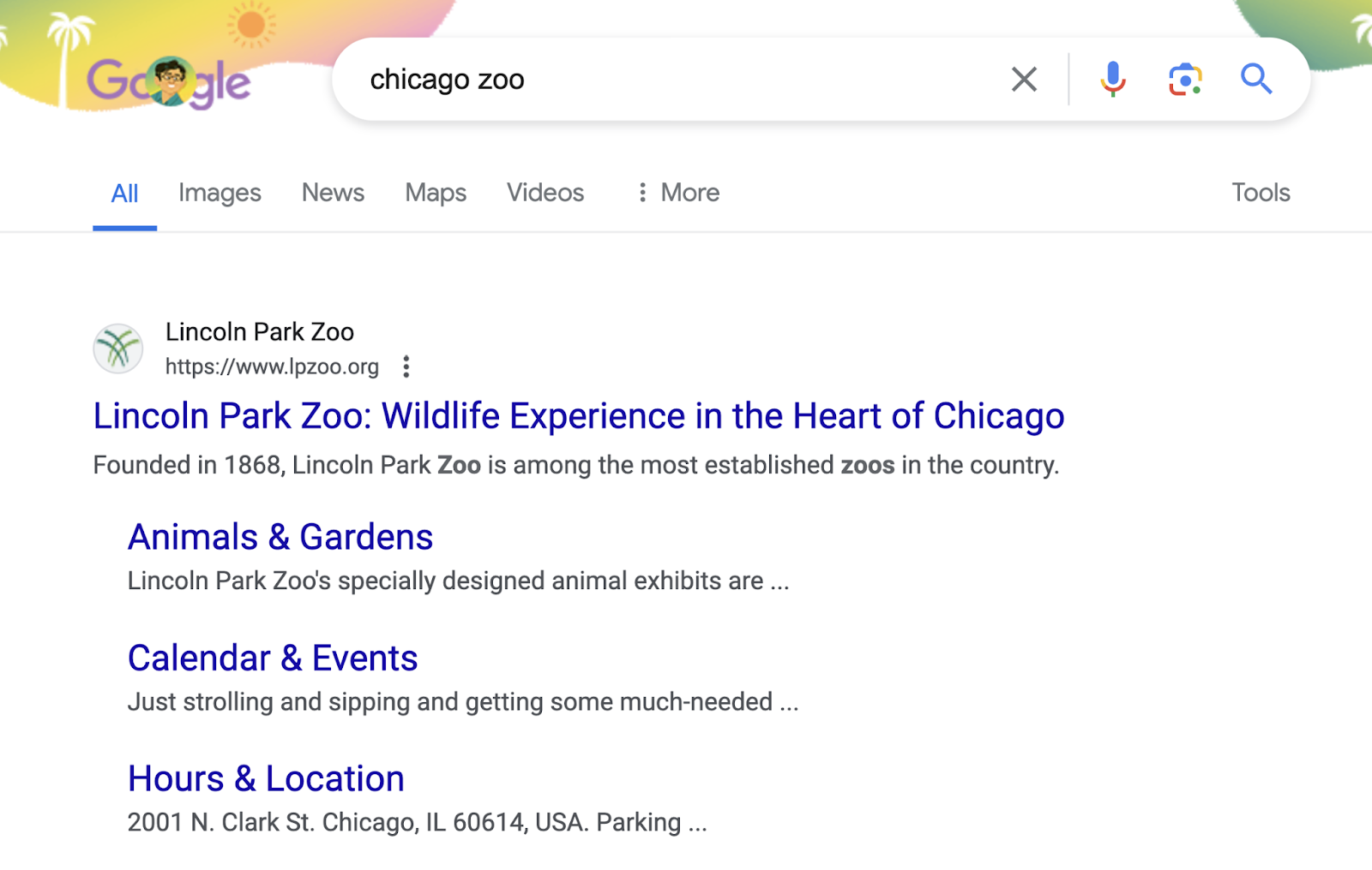 search for "chicago zoo" shows an organic, unpaid result for Lincoln Park Zoo