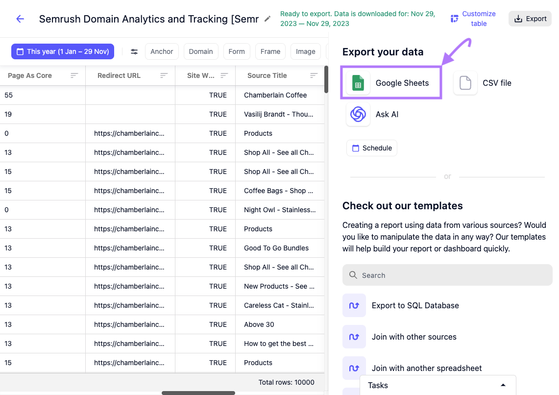 "Google Sheets" selected from the right-hand panel