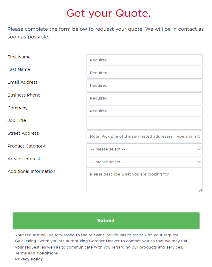 "Get your Quote” form on Gardner Denver's site