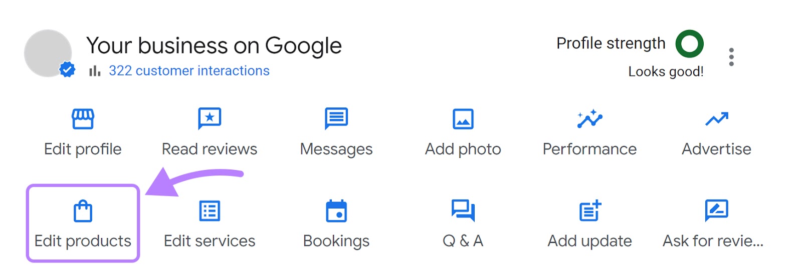 “Edit products” button selected on Google My Business dashboard