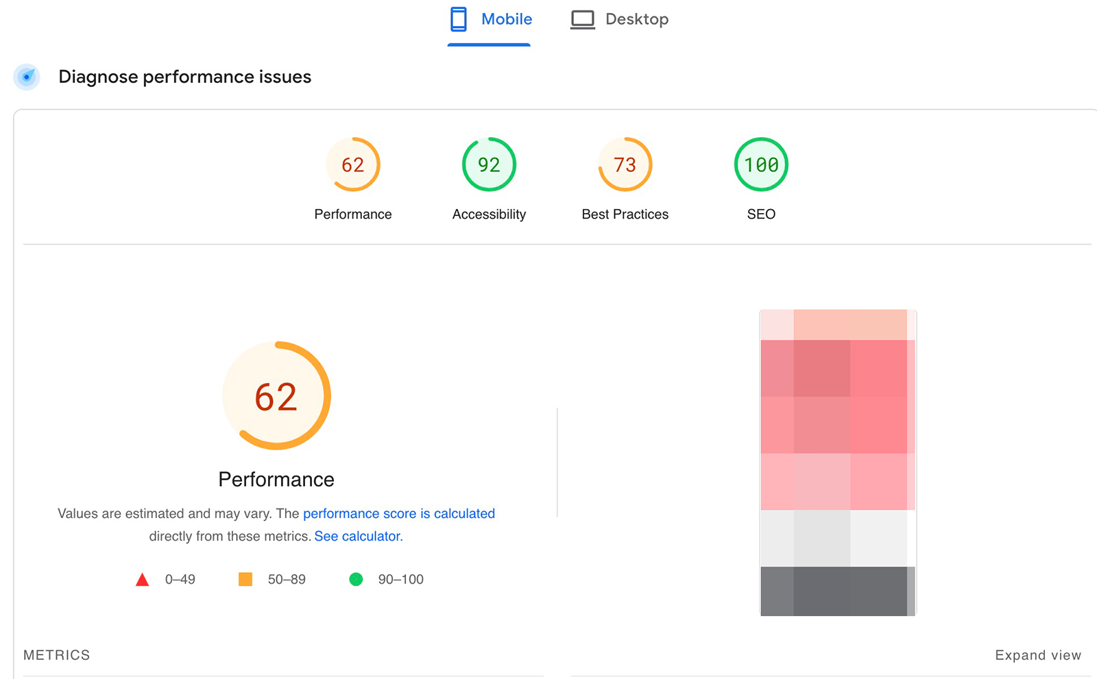 Rapport sur les performances de Google PageSpeed ​​Insights