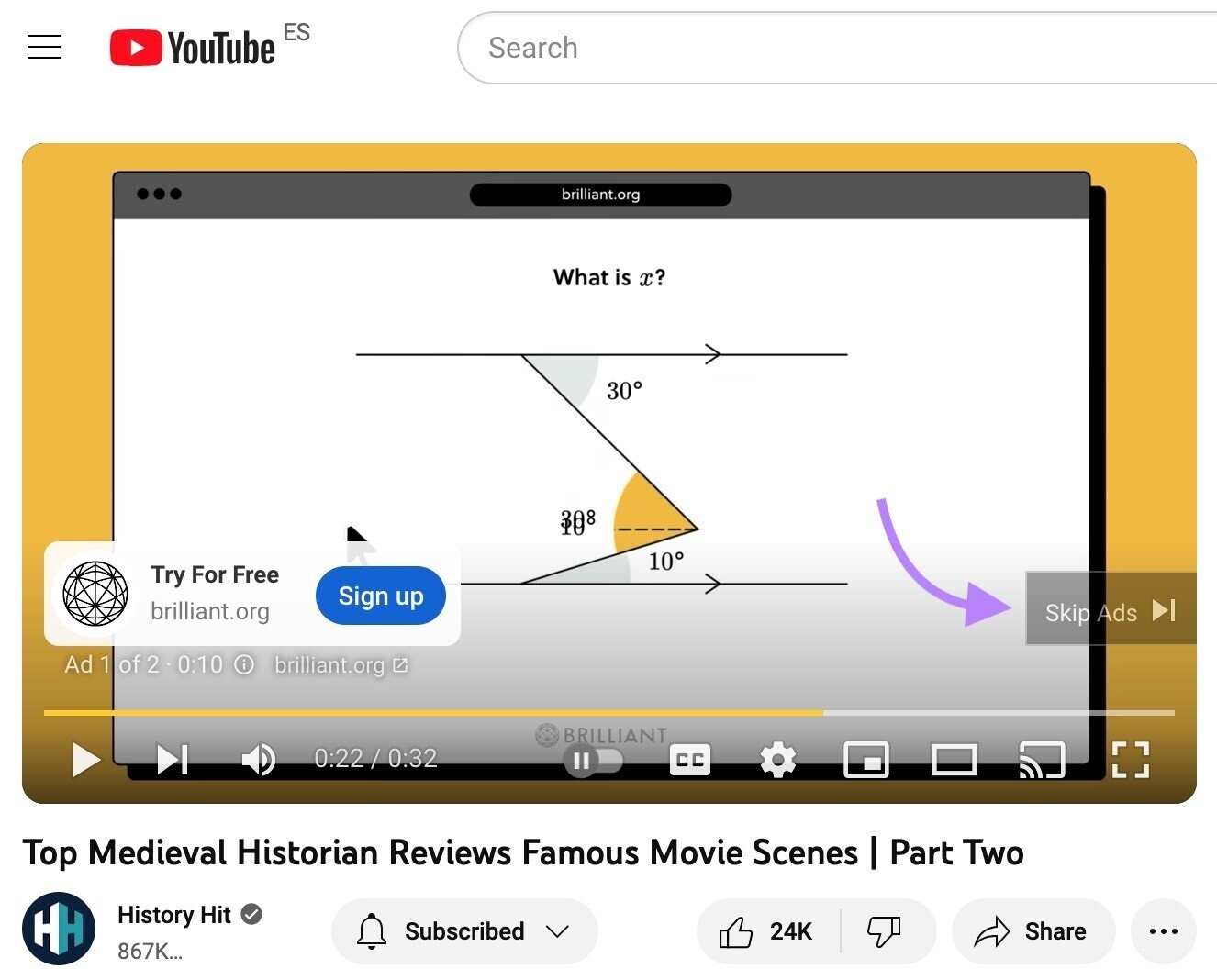 An in-stream skippable ad on YouTube