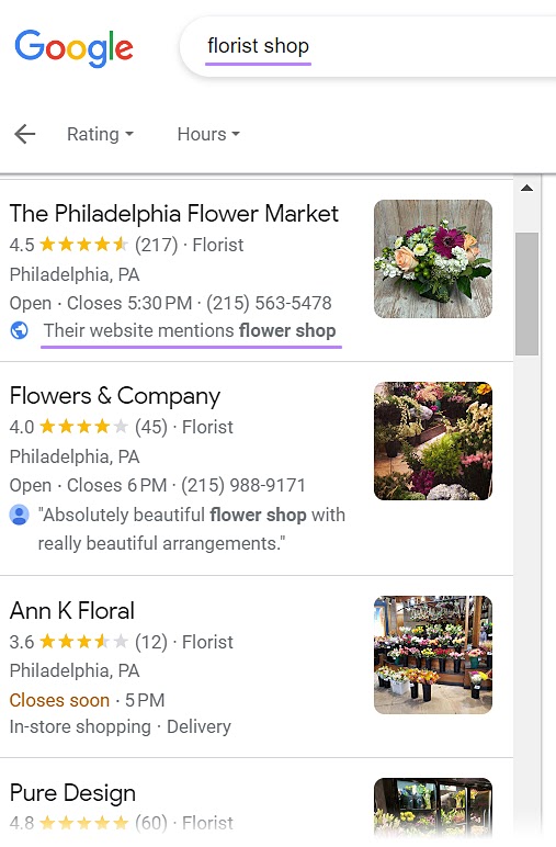 The Philadelphia Flower Market appears successful  the apical  hunt  results for "florist shop" search