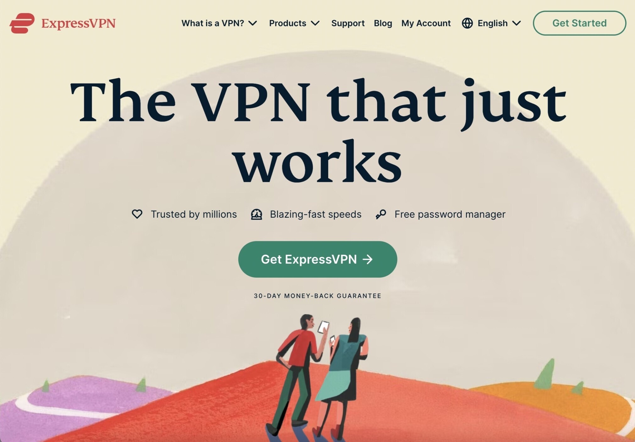 ExpressVPN's landing page with an illustration of two people on their phones on top of a hill