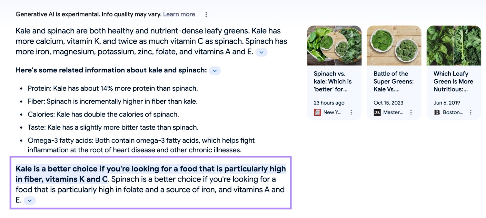 A SERP comparing kale and spinach